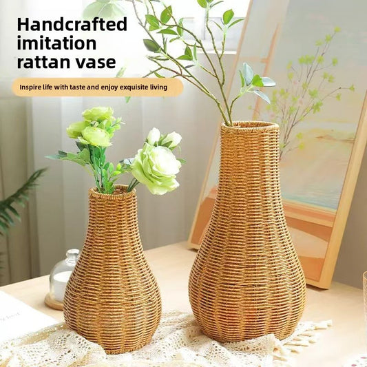 Handwoven Vintage Rattan Floor Vase for Home Decor